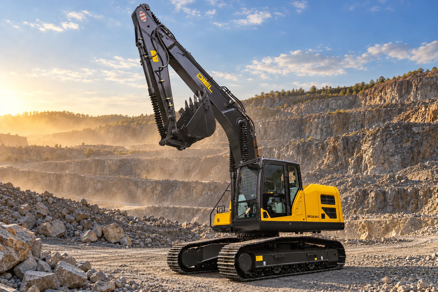 Escavadeira DIEL DE220.8LC em composição visual de mineração