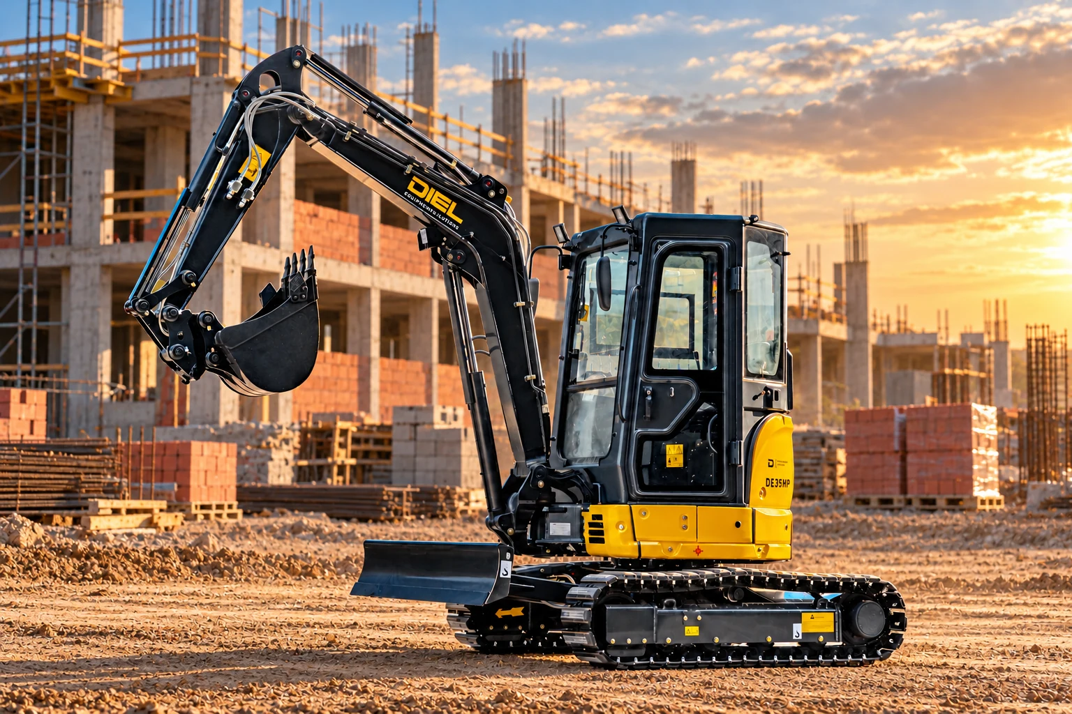 Mini escavadeira DIEL DE35MP em composição visual de canteiro de obras